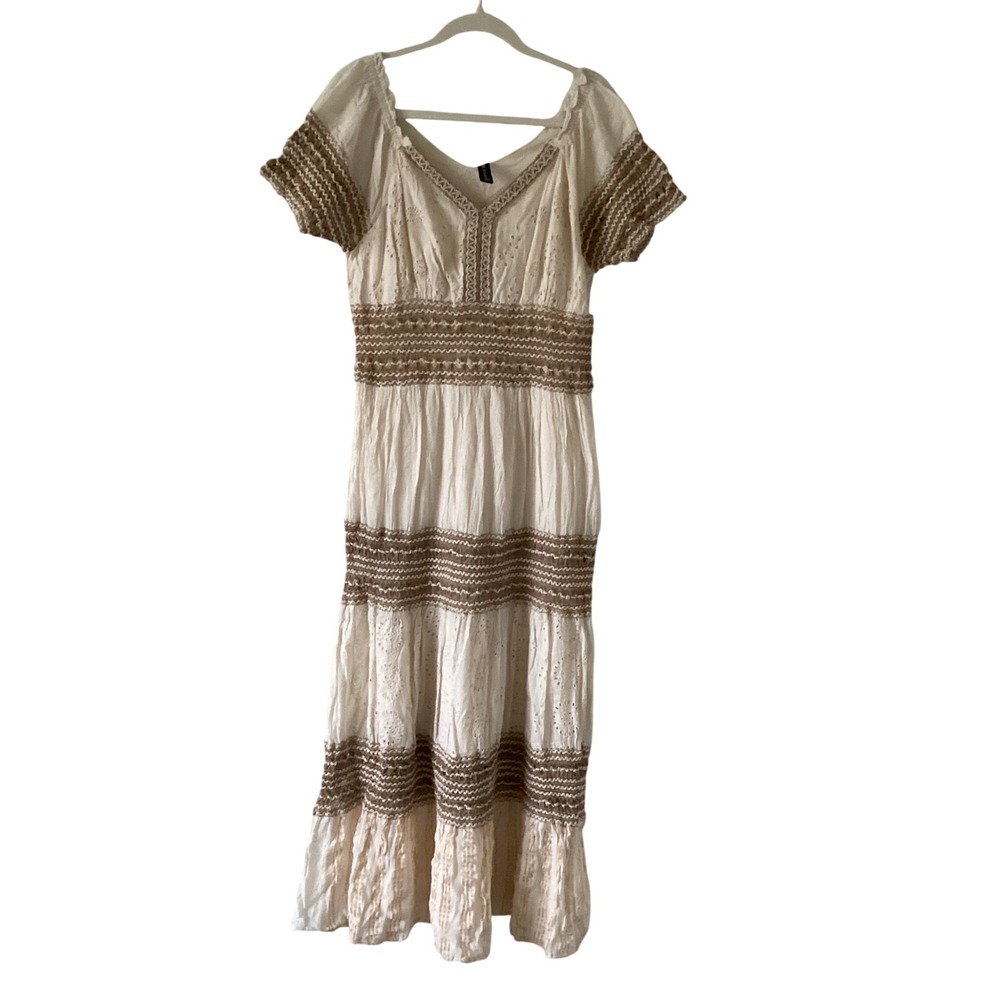 ME 2 Magic Maxi‎ Dress Cream Embroidered Eyelet Smocked Waist Boho Festival